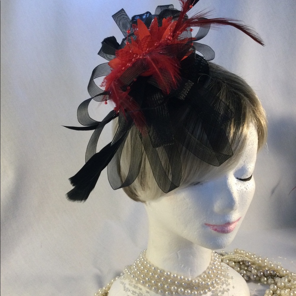 Sexy Sequined Fascinator Black & Red Feathers Bows